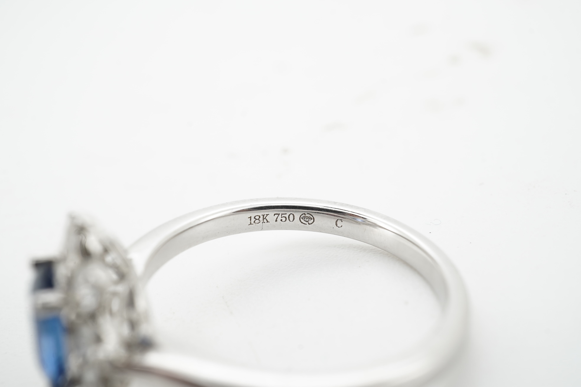 A sapphire and diamond cluster ring, claw-set with an oval sapphire weighing approximately 0.77 carats, within a border of brilliant-cut diamonds totalling approximately 0.50 carats, mounted in white gold, size M, stampe